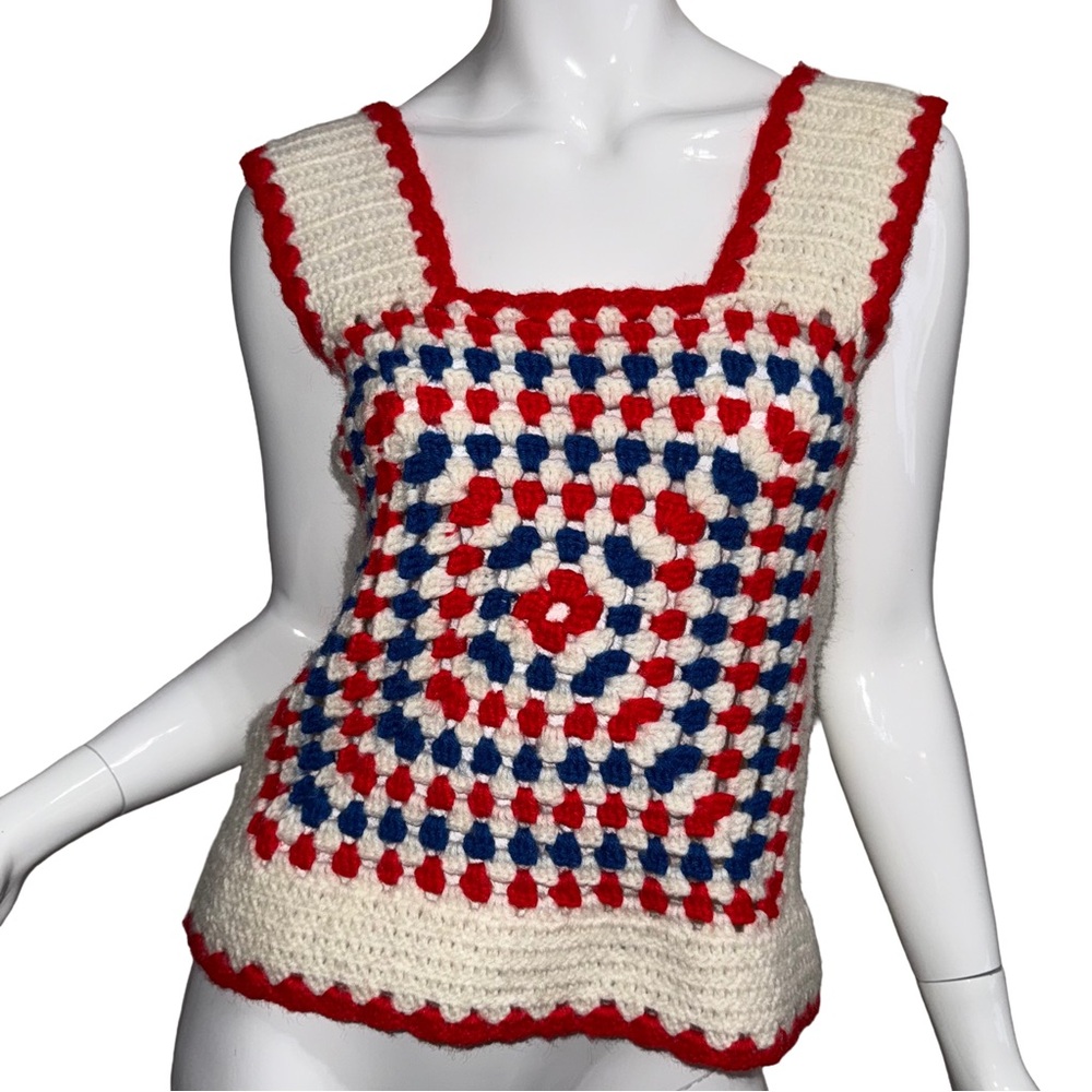 Vintage Handmade Red & Blue Knit Crochet Tank Top Grandma Retro Granny Square